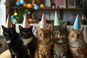 alinhar do gatos vestindo festa chapéus às uma gato dia celebração, humorístico e adorável cena foto