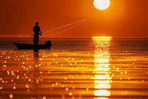 silhueta do uma pescador às pôr do sol, fundição uma grandes linha para dentro a brilhando água foto