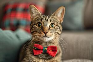 gato vestindo uma festivo arco gravata, olhando curiosamente às uma Câmera, pronto para gato dia celebrações foto