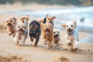alegre cachorros do vários raças corrida juntos em uma praia, a comemorar internacional cachorro dia foto