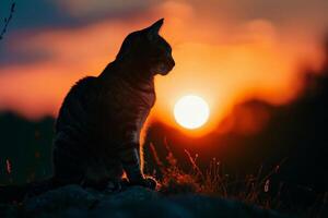 silhueta do uma gato às pôr do sol, sereno e majestoso, a comemorar a beleza do gatos em seus especial dia foto