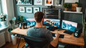 jovem adulto masculino trabalhando em dual monitores dentro uma moderno casa escritório configurar, refletindo controlo remoto trabalhos tendências e tecnologia estilo de vida conceitos foto