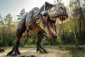 grande assustador com fome dinossauro com tipo olhos e afiado dentes destruindo parque foto