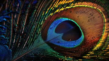fechar acima do uma colorida pavão pena, detalhado textura, isolado em Preto fundo foto