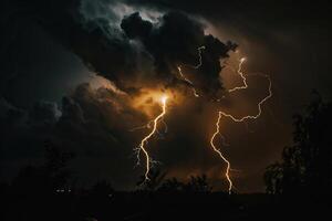 assustador brilhante elétrico relâmpago parafuso com galhos dentro a noite Sombrio céu foto