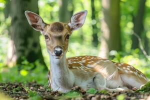 animais selvagens ofegante dentro a sombra durante pico aquecer, uma veado dentro uma floresta compensação olhando estressado foto