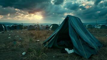 emergência barraca dentro uma refugiado acampamento, crise alojamento foto