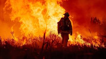 bombeiro lutando ampla floresta fogo às crepúsculo, intenso laranja chamas foto
