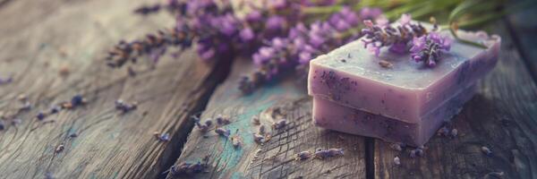 feito à mão lavanda Sabonete exibido em rústico de madeira mesa, cedo manhã mercado luz, esvaziar espaço para texto foto