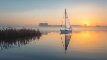 solteiro barco a vela em uma sereno lago às nascer do sol, reflexões dentro a calma água foto