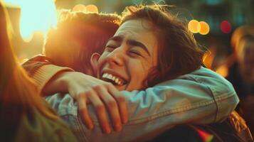 alegre amigos abraçando às uma pôr do sol festival, capturando a espírito do juventude e amizade durante verão encontros ou internacional dia do amizade foto