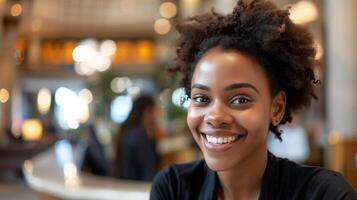 feliz africano americano mulher sorridente dentro uma cafeteria contexto, conceitualmente adequado para estilo de vida blogs, internacional dia do felicidade, e nacional sorrir mês foto