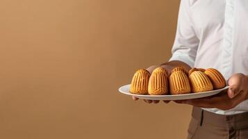 pessoa segurando uma branco prato com tradicional madeleines em uma neutro bege fundo, relacionado para francês cozinha e gastronomia conceitos, apropriado para culinária blogs e livros de receitas foto