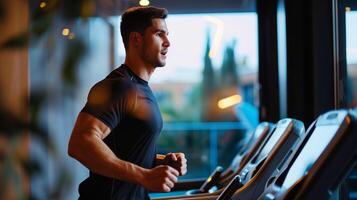 focado jovem masculino atleta corrida em uma esteira dentro uma moderno academia, incorporando saúde e fitness, ideal para Novo ano resoluções e bem estar conceitos foto