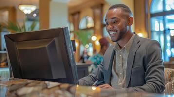 sorridente africano americano homem de negocios trabalhando em computador dentro uma luxo hotel salão, representando moderno empreendedorismo e o negócio viagem foto