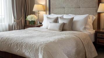 elegante hotel quarto com luxuoso branco roupa de cama, clássico decoração, e uma ramalhete do hortênsias, ideal para viagem e hospitalidade temas ou Casamento noite configurações foto