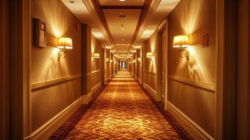simétrico Visão do a elegante hotel corredor com estampado tapete e caloroso parede arandelas, ideal para hospitalidade e viagem relacionado temas foto