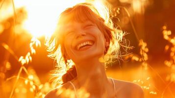 uma alegre mulher aquecendo dentro a caloroso brilho do a manhã Sol foto