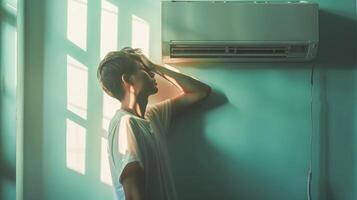 frustrado pessoa olhando às uma quebrado ar condicionador dentro uma quente quarto conceito do verão calor problemas foto