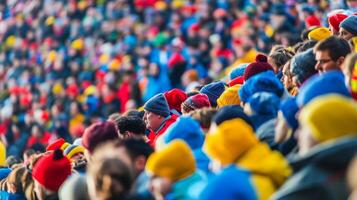 multidão do diverso espectadores vestindo colorida inverno chapéus às a ao ar livre esportivo evento, capturando a espírito do trabalho em equipe e inverno Esportes foto