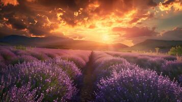 iluminado pelo sol lavanda campo às pôr do sol vibrante roxa flores debaixo uma fogosa céu dourado hora iluminação foto