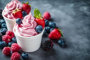 dois copos do Rosa congeladas iogurte enfeitado com fresco morangos, amoras, e framboesas em uma Sombrio texturizado fundo, ideal para verão ou saudável estilo de vida conceitos foto