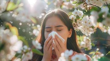 estoque foto estilo, jovem mulher espirros para dentro uma lenço de papel cercado de florescendo flores conceito do Primavera alergias