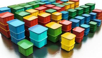 uma colorida matriz do Remessa containers refletindo em água, significando global comércio e logística, adequado para temas relacionado para importar exportação o negócio e comércio indústria foto