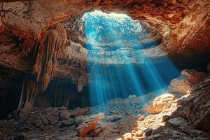 em tema do uma ampla lindo afiado estalactites suspensão baixa a partir de profundo montanha caverna foto