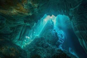 em tema do uma ampla lindo afiado estalactites suspensão baixa a partir de profundo montanha caverna foto