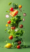 fresco e saudável salada ingredientes Rúcula, alface, rabanete, e tomate em verde fundo foto