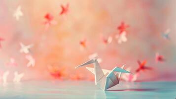 delicado origami guindaste em uma suave pastel fundo, intrincado papel arte foto