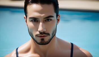 bonito homem com uma barba posando de a piscina, ideal para verão moda e viagem contente, evocando lazer e período de férias conceitos foto