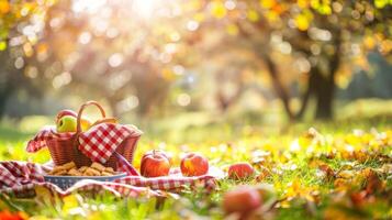 piquenique cena dentro uma iluminado pelo sol maçã Pomar xadrez cobertor e uma cesta do fresco frutas e pastelaria foto