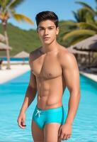 bonito jovem ásia homem posando dentro roupa de banho de uma tropical recorrer piscina, evocando verão Férias e roupa de banho moda foto