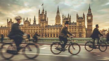 ciclistas dentro vitoriano vestuário passeio passado histórico Londres marcos, suave foco fundo foto