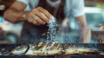 uma homem aspersão mar sal para uma grelhado peixe com uma sereno expressão em dele face foto