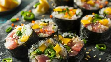esses Sushi rolos estão qualquer coisa mas comum com uma salgado misturar do atum Jalapenos e manga este crio uma único sabor perfil foto