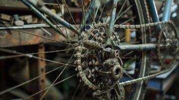 a oficina é preenchidas com a som do zumbido maquinaria Como a engrenagens e correntes do uma personalizado bicicleta estão colocar juntos foto