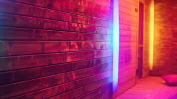 a infravermelho luz espectro brilhando a partir de a paredes do a sauna realçando relaxamento e ajudando dentro a corpos cura processo. foto