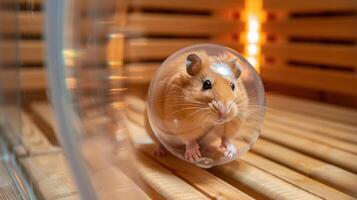 uma hamster dentro uma bola ampliando por aí uma sauna quarto enquanto Está proprietário relógios a partir de uma banco. foto