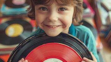 uma sorridente criança segurando uma pilha do vintage registros avidamente antecipando a começar do uma cheio de música dia foto
