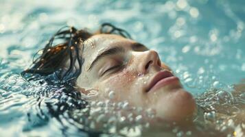 uma pessoa deitado dentro a frio mergulho piscina olhos fechadas e relaxado desfrutando a rejuvenescedor efeitos do a gelado água. foto