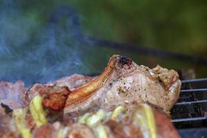cozinhando kebabs em uma grade com fumaça. fresco Castanho churrasco carne cozinhou em a ao ar livre grade foto