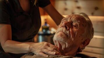 uma veterano recebendo uma calmante massagem a partir de uma treinado a depois de seus sauna sessão. foto