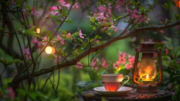 uma tranquilo jardim espaço preenchidas com florescendo flores e le luzes ofertas uma sereno pano de fundo para uma chá e relaxamento sessão foto