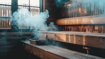 uma cheio de vapor sauna sessão Como uma pós-treino ritual ajudando para desintoxicar a corpo e melhorar circulação. foto