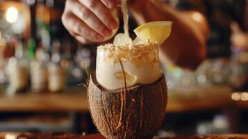 uma barman habilmente mistura e derrama uma de dar água na boca mocktail para dentro uma em forma de coco vidro foto