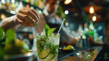 uma barman habilmente preparando uma refrescante virgem Mojito com fresco hortelã e Lima para uma cliente às a segundo localização foto