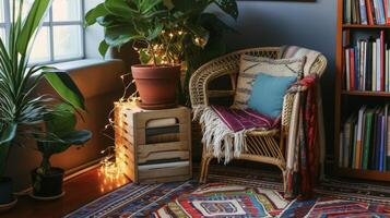 uma inspiração boêmia lendo recanto com uma rattan cadeira uma colorida kilim tapete e uma pilha do livros em uma de madeira engradado lado mesa. cintilante fada luzes e em vaso plantas adicionar foto